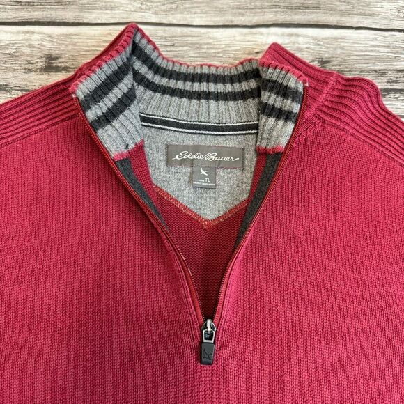 Eddie Bauer Men's Quarter Zipper Ribbed Sweater Garnet Red LT L LG Large TALL - Picture 4 of 11